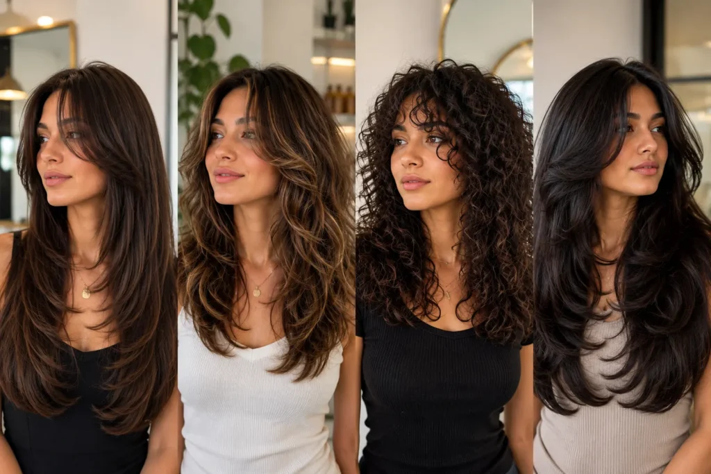 Butterfly haircut styled on straight, wavy, curly, and thick hair to show how layered cuts suit different hair textures.
