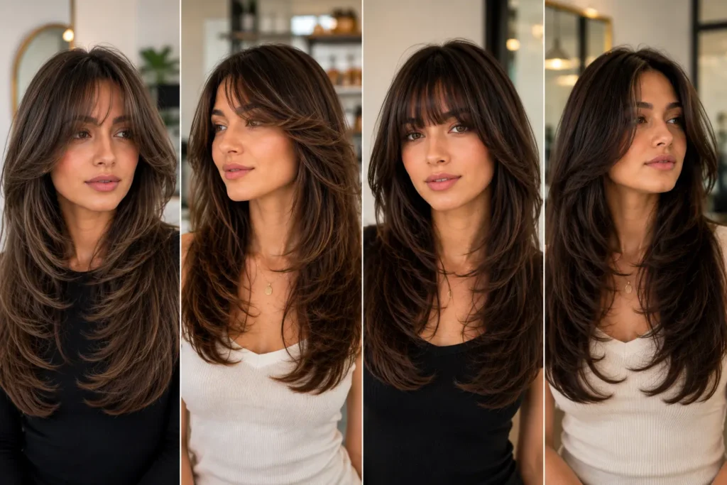 Different butterfly haircut styles featuring curtain bangs, side-swept bangs, blunt fringe, and face-framing layers.