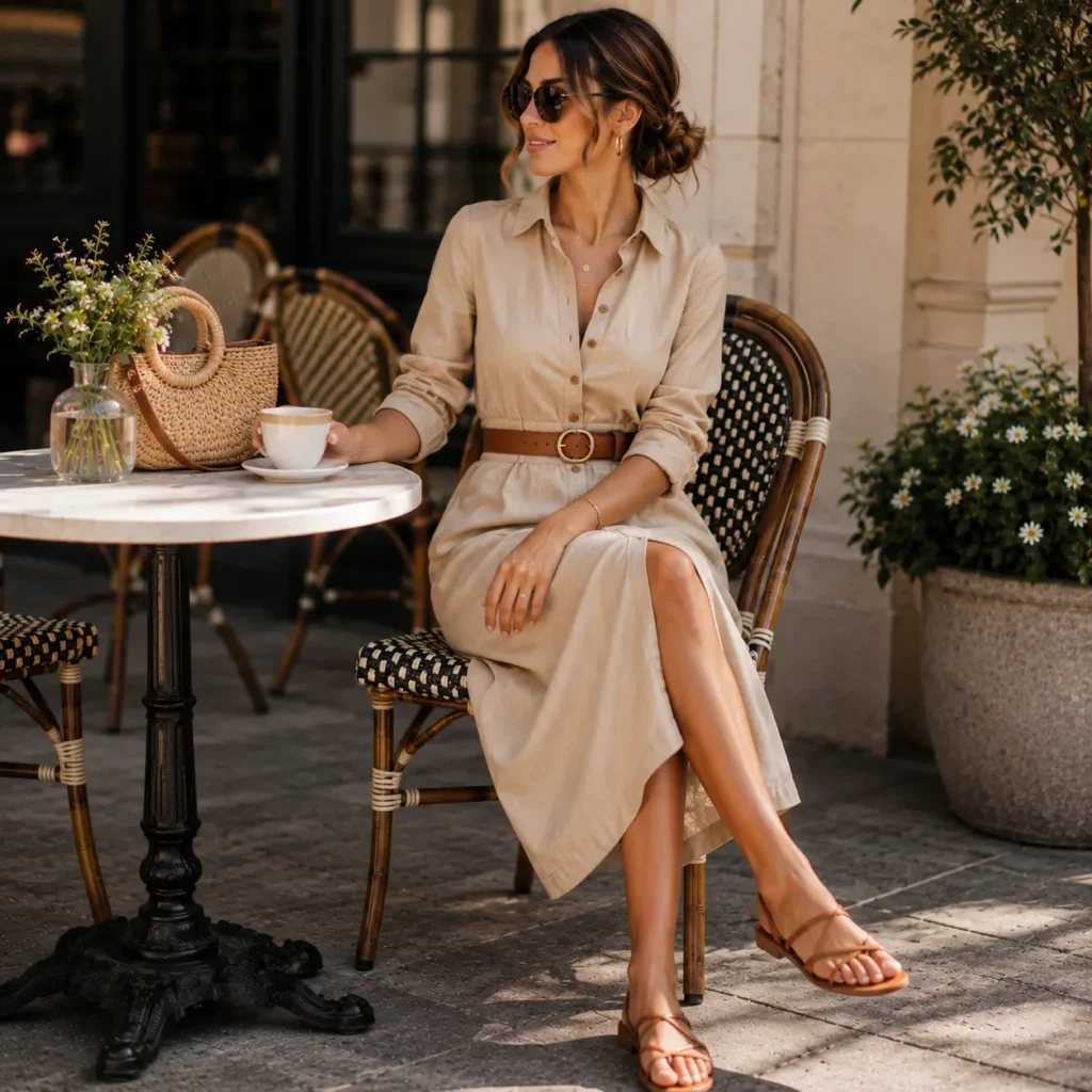 Woman wearing a belted button-down dress with sandals at an outdoor café