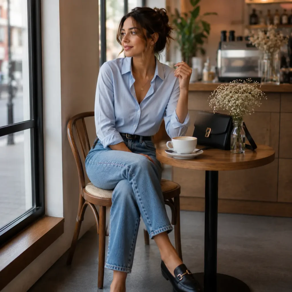 Button-down shirt and straight-leg jeans coffee date outfit