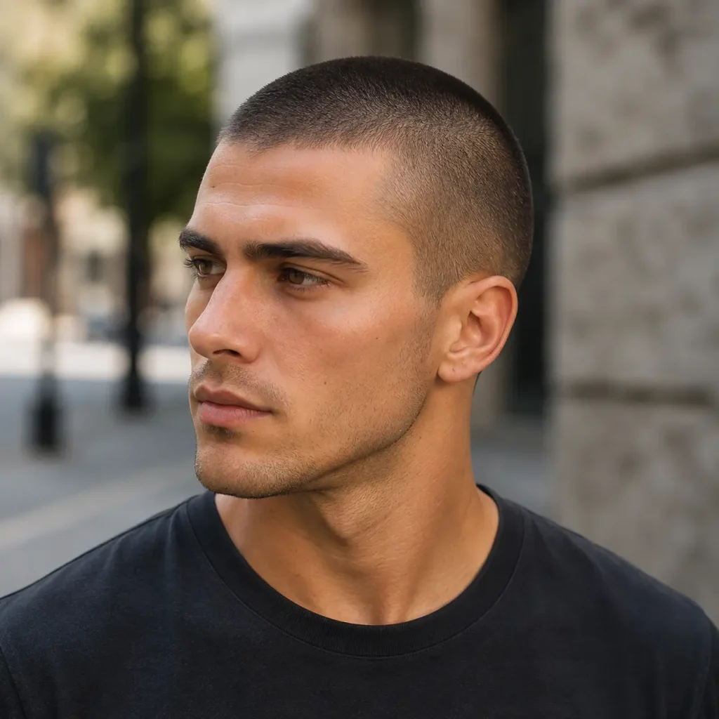 Young man with a clean buzz cut and subtle stubble outdoors