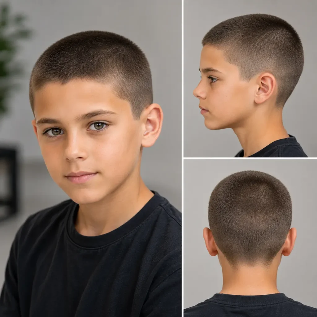 Classic buzz cut hairstyle shown from front, side, and back views
