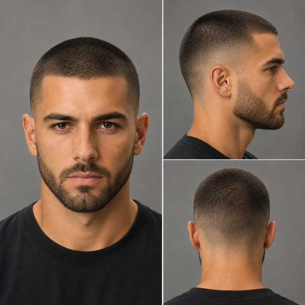 Buzz cut with a neatly groomed full beard for a sharp masculine look