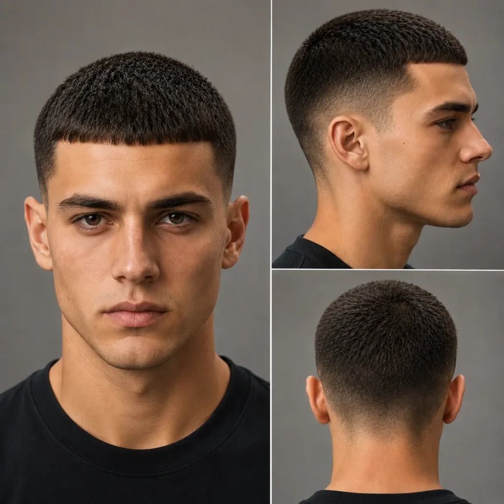 Caesar buzz cut with short textured hair and straight forward fringe