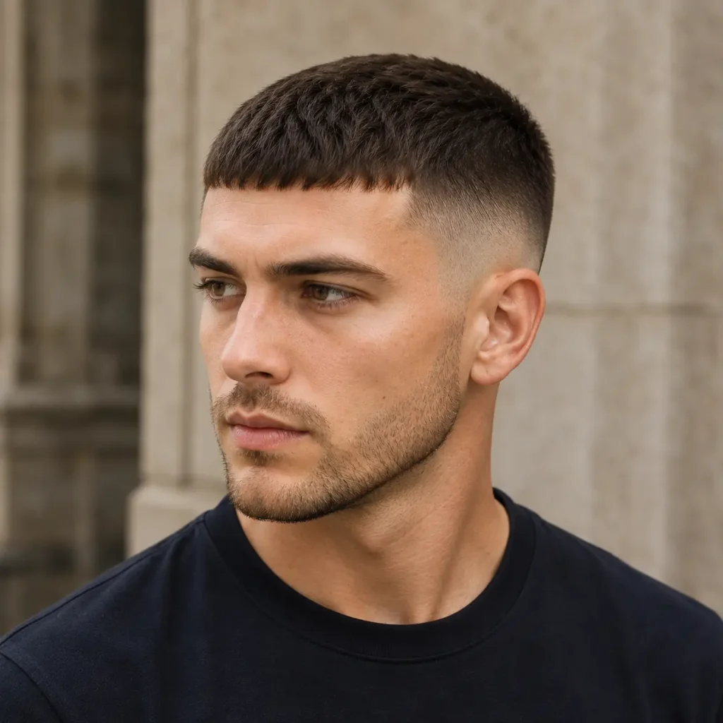 Young man with a classic Caesar cut and faded sides in an urban setting