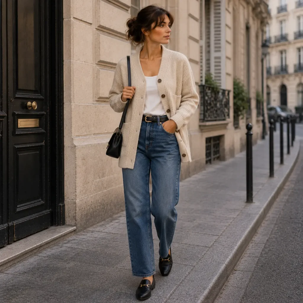 Woman wearing a beige cardigan over a white top with blue jeans and black loafers.