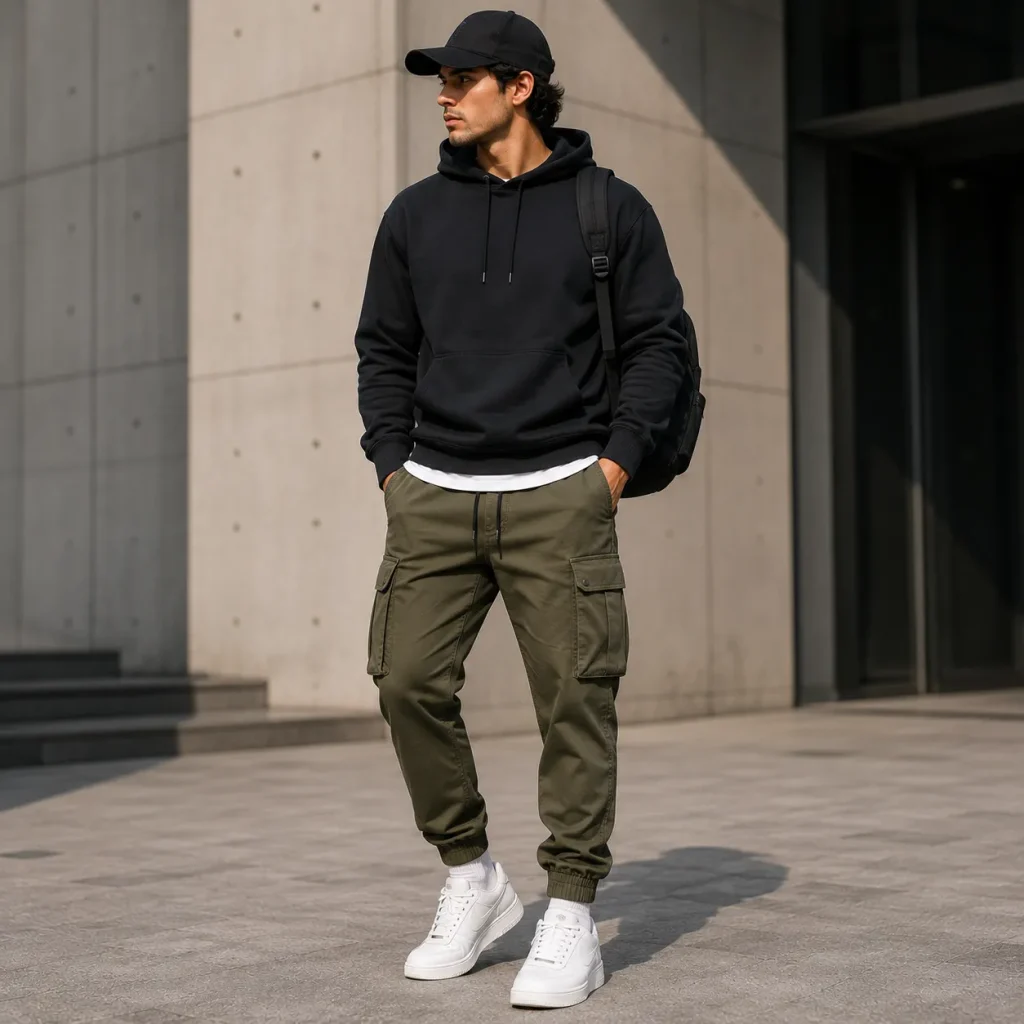 Young man wearing olive cargo joggers with a black hoodie, cap, white sneakers, and backpack in an urban setting.
