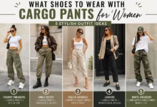 Woman wearing cargo pants with different shoe styles including chunky sneakers, ankle boots, heeled sandals, loafers, and white sneakers