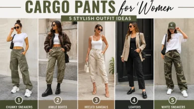 Woman wearing cargo pants with different shoe styles including chunky sneakers, ankle boots, heeled sandals, loafers, and white sneakers