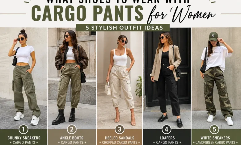 Woman wearing cargo pants with different shoe styles including chunky sneakers, ankle boots, heeled sandals, loafers, and white sneakers