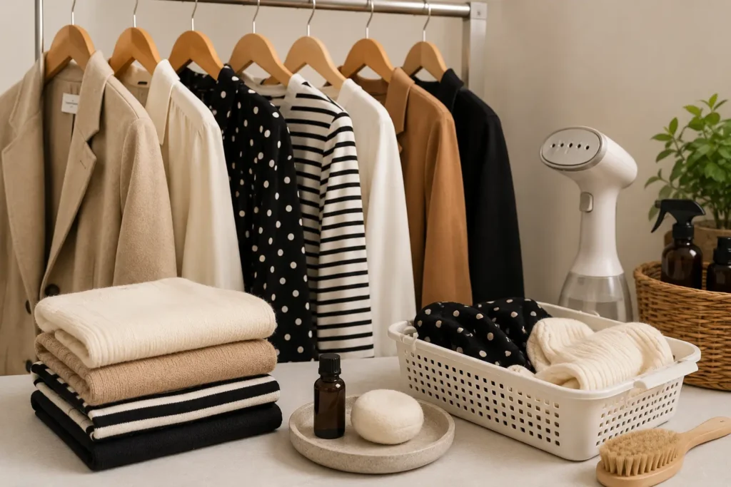 Proper care for Who What Wear clothing with neatly hung garments, folded sweaters, fabric steamer, and clothing care accessories.