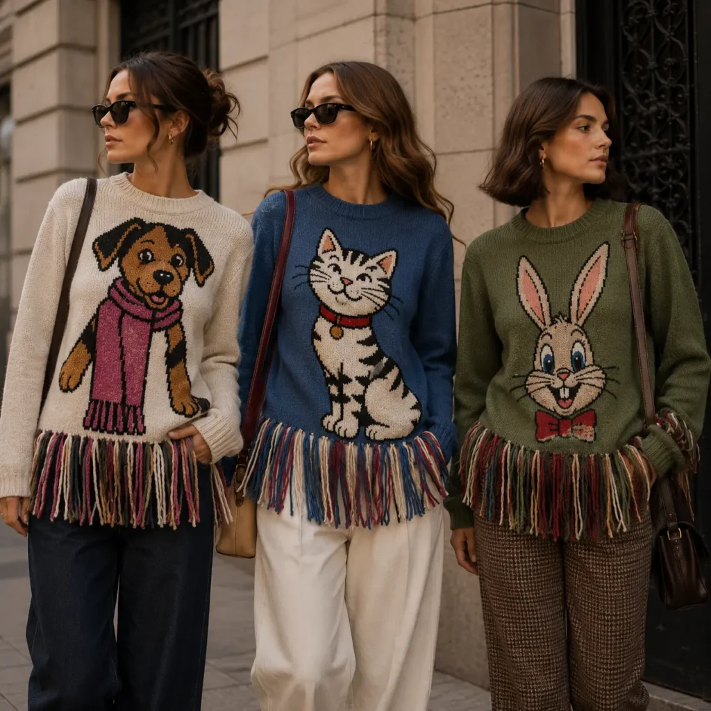 Playful fashion look featuring bold fringe details and whimsical styling.