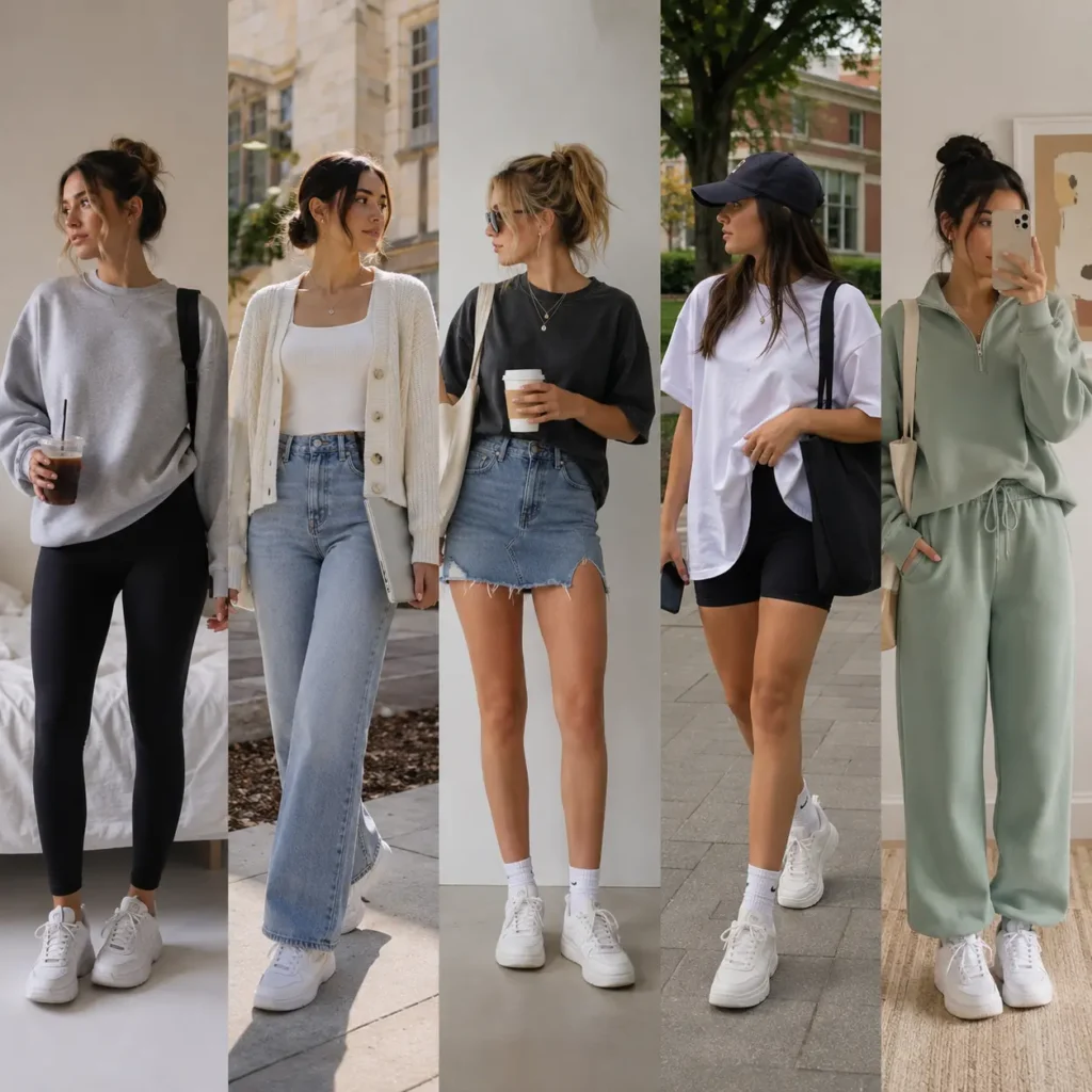 Casual college outfit ideas featuring jeans, leggings, cardigans, shorts, and sneakers