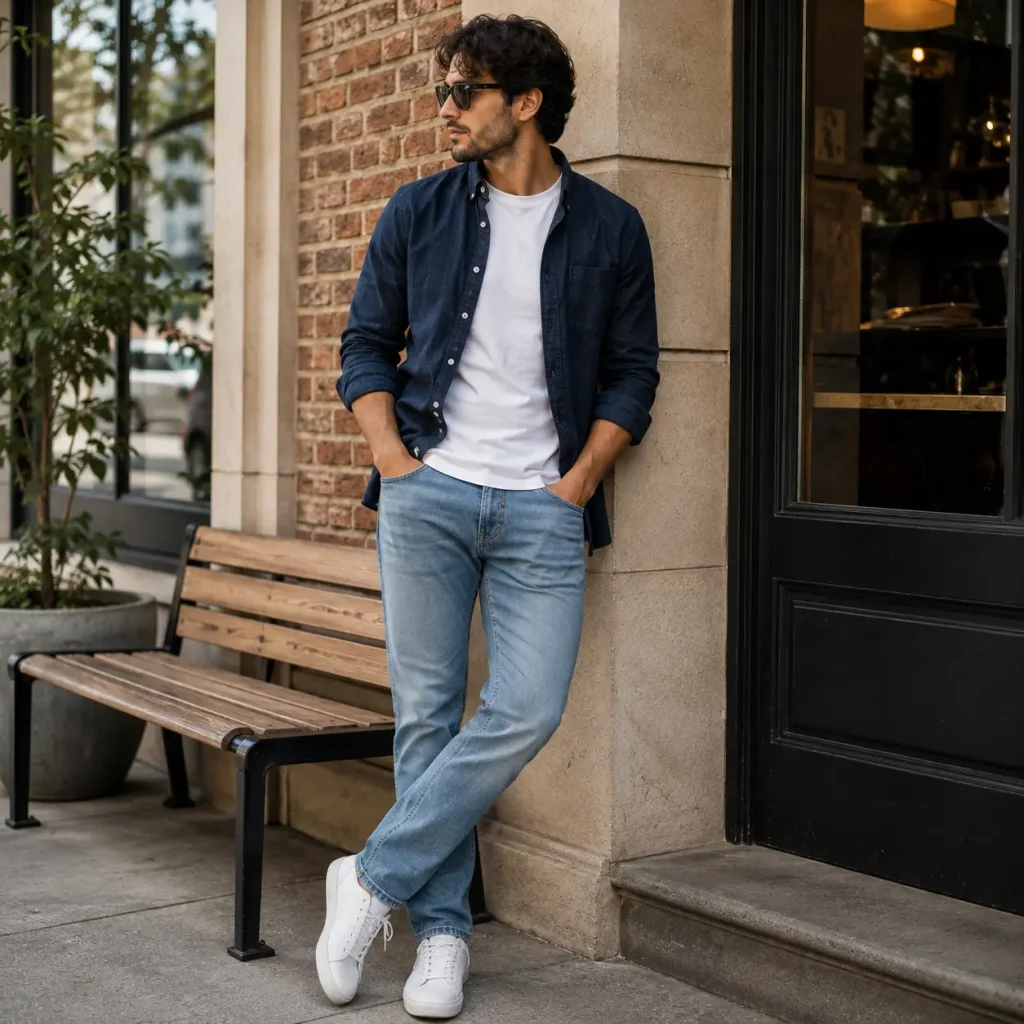 Man wearing a navy overshirt, white T-shirt, light-wash jeans, and white sneakers in a relaxed everyday casual outfit.