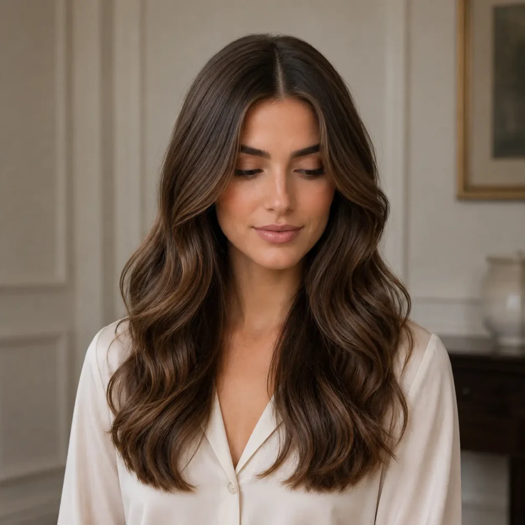 Center-part loose waves with long glossy brown hair for an elegant old money hairstyle