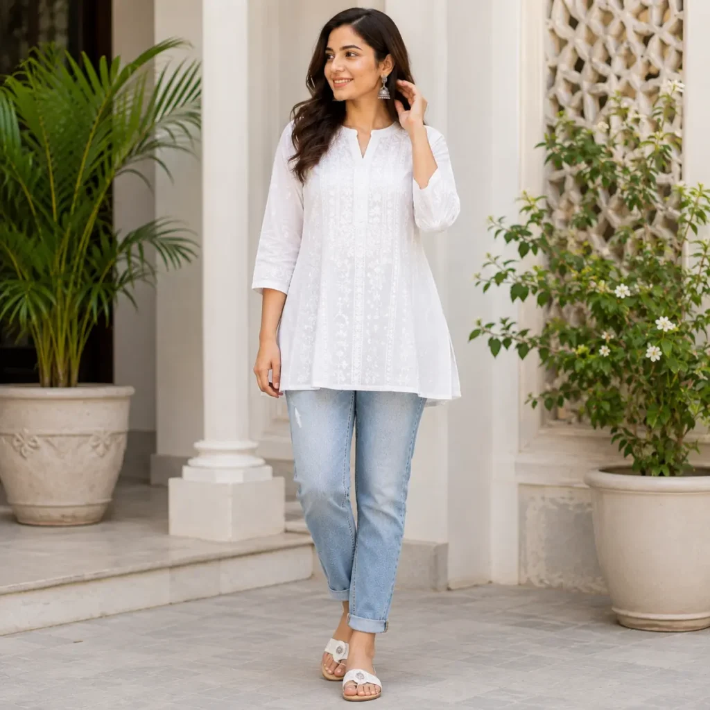 White chikankari short kurti with light-wash jeans