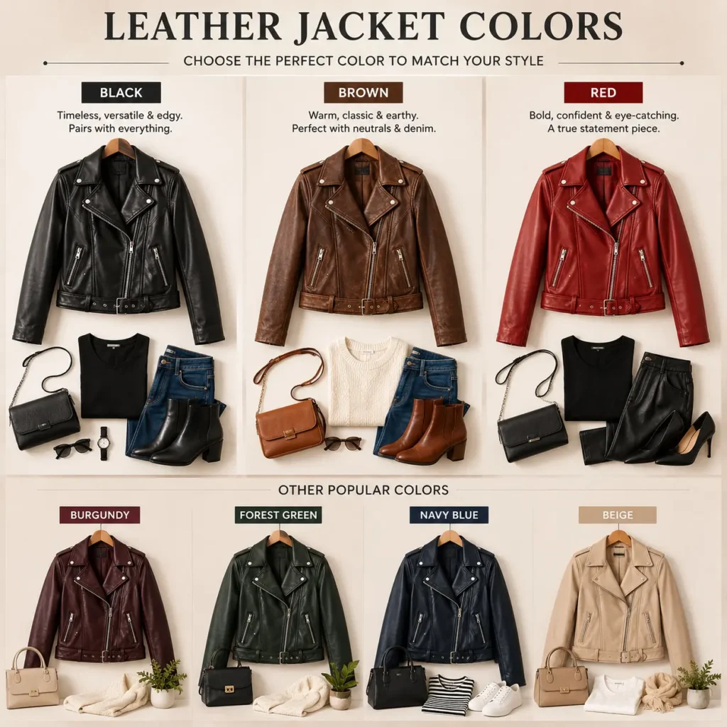 Leather jacket color guide featuring black, brown, red, burgundy, green, navy, and beige jackets