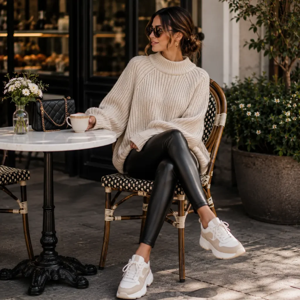 Woman wearing a chunky knit sweater with leather leggings and sneakers at a café