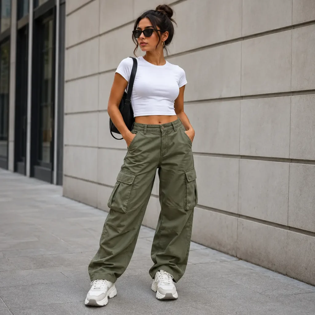 Woman wearing olive green cargo pants, a fitted white top, and chunky white sneakers for a casual street style outfit
