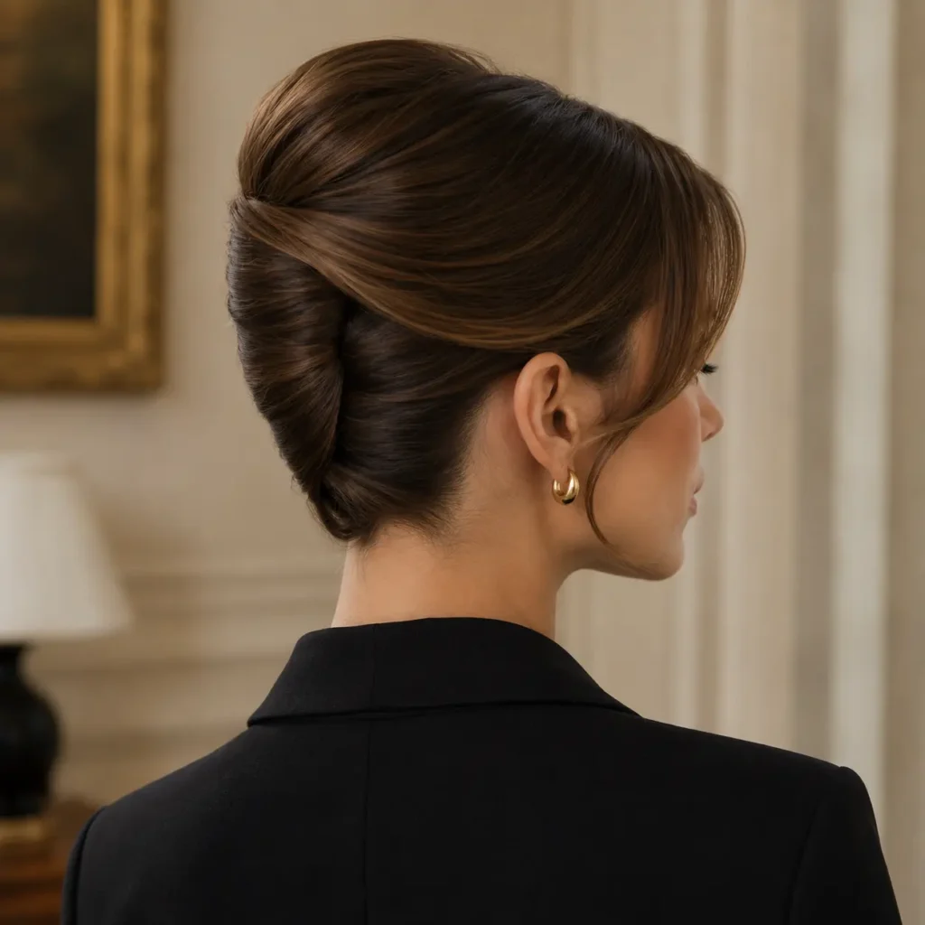 Classic French twist hairstyle with elegant polished brunette hair
