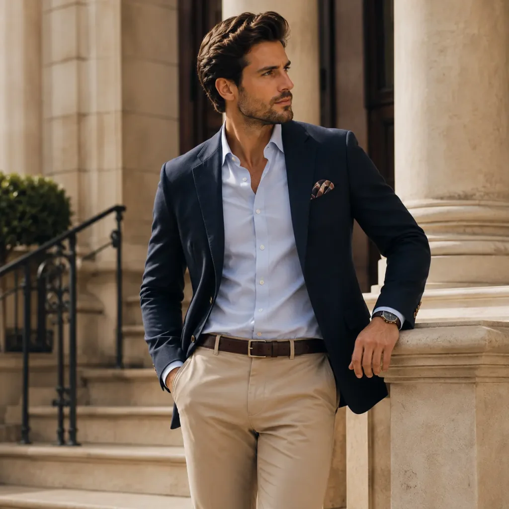 Man wearing a navy blazer, light blue shirt, tailored trousers, and leather shoes in a timeless classic menswear look.