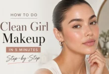 Clean girl makeup with dewy skin, glossy lips, natural brows, and a fresh five-minute beauty look