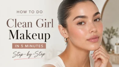 Clean girl makeup with dewy skin, glossy lips, natural brows, and a fresh five-minute beauty look