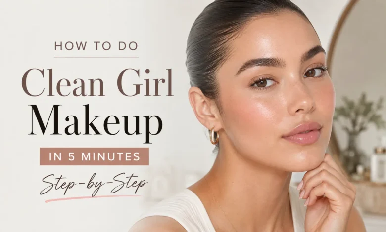 Clean girl makeup with dewy skin, glossy lips, natural brows, and a fresh five-minute beauty look