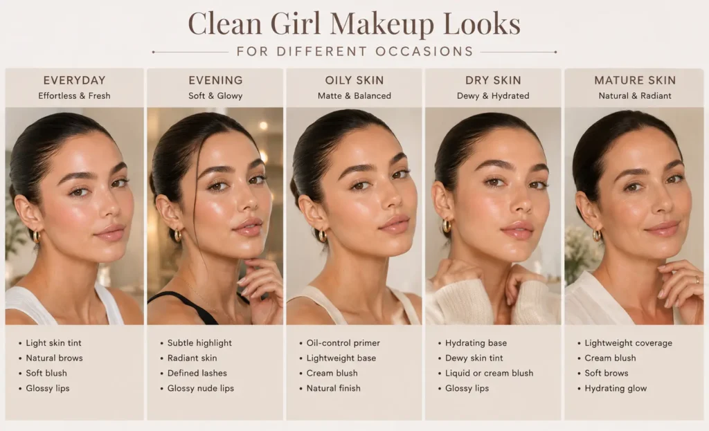 Clean girl makeup looks for everyday wear, evening occasions, oily skin, dry skin, and mature skin