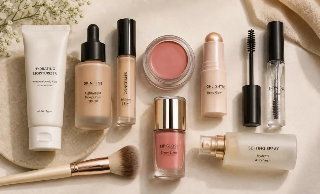 Essential clean girl makeup products including moisturizer, skin tint, concealer, cream blush, highlighter, brow gel, lip gloss, and setting spray