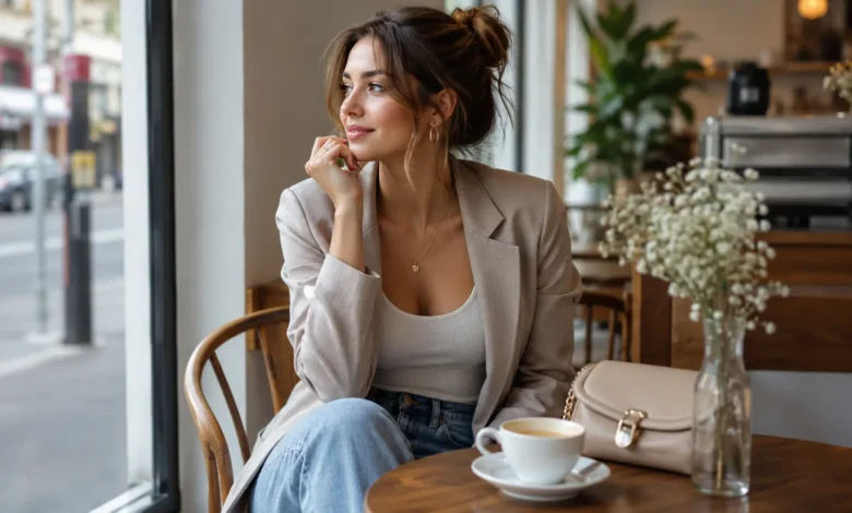 Coffee date outfit ideas for women in a cozy cafe