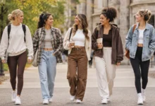 College fashion students wearing stylish casual outfits on campus