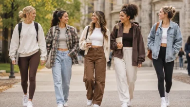 College fashion students wearing stylish casual outfits on campus