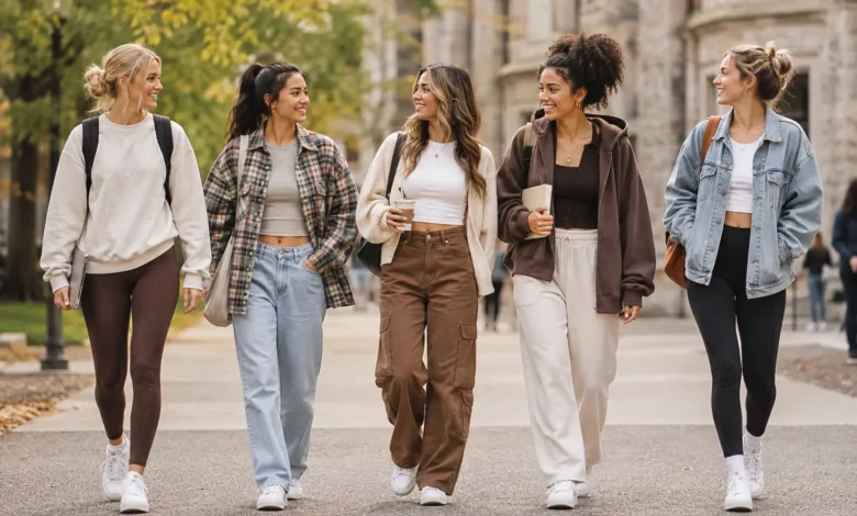 College fashion students wearing stylish casual outfits on campus