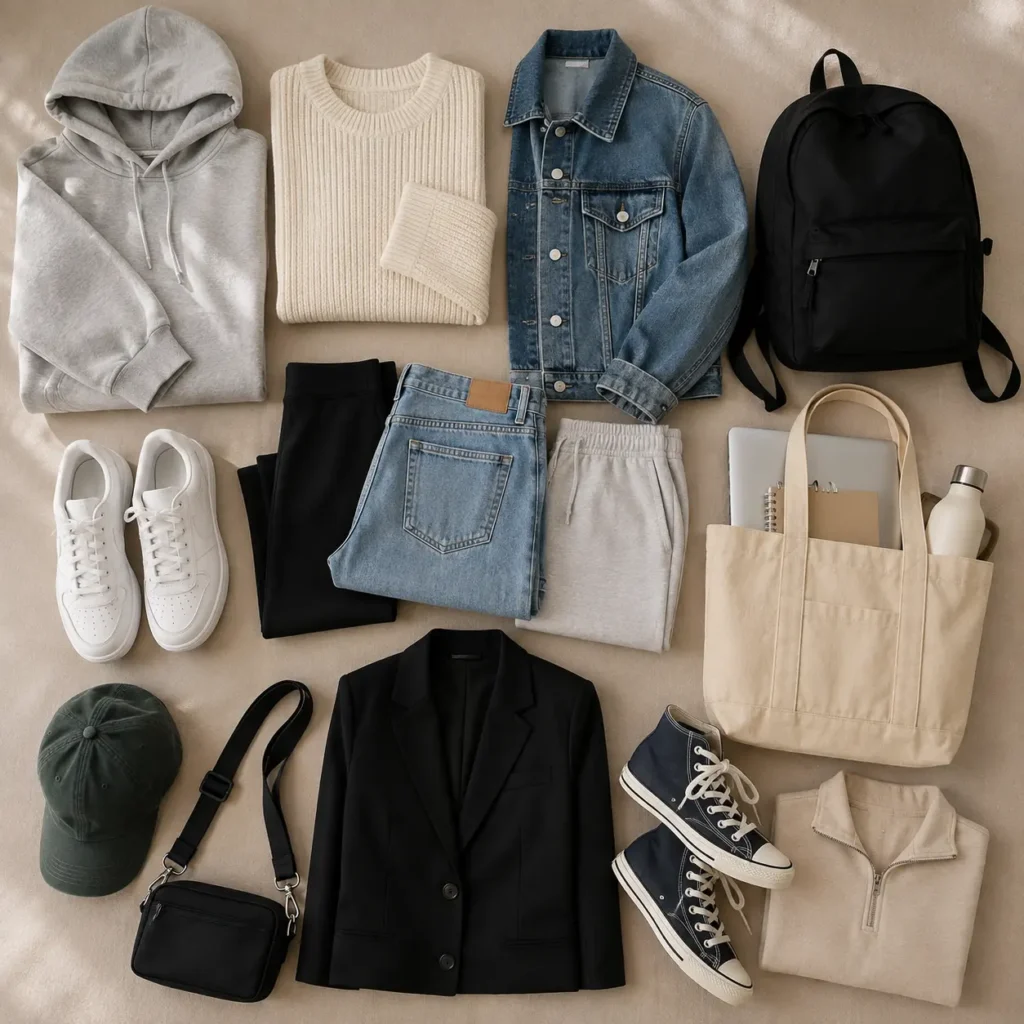 College fashion essentials including jeans, hoodie, sneakers, blazer, backpack, and tote bag