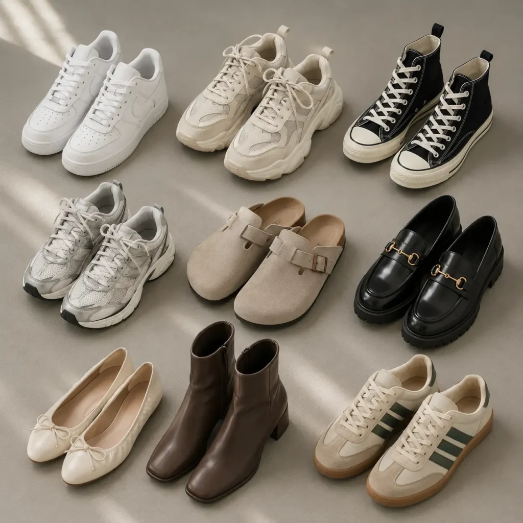 Trending college fashion shoes including white sneakers, chunky sneakers, loafers, ballet flats, boots, and high-tops