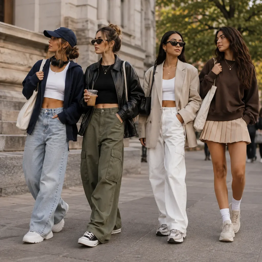 Trendy college street style outfits with oversized layers, cargo pants, wide-leg jeans, and sneakers