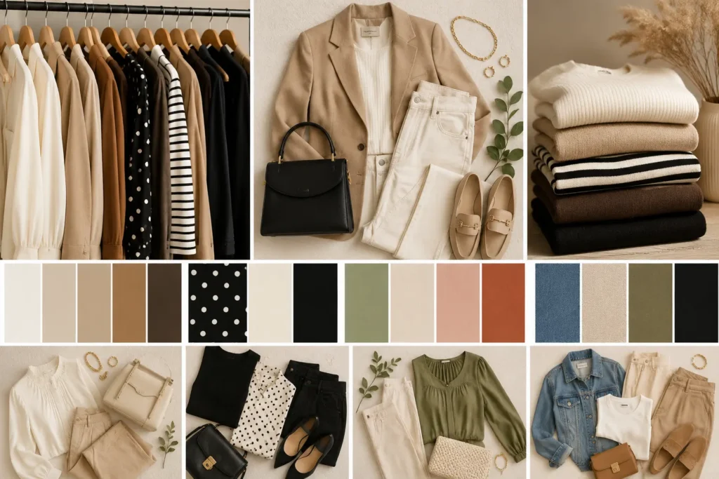 Neutral fashion color palette featuring cream, camel, black, olive, denim, and coordinated wardrobe essentials.