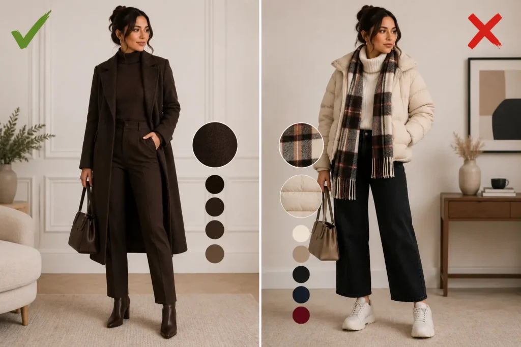 Monochrome winter outfit compared with high-contrast layered look for petite women to create a taller appearance
