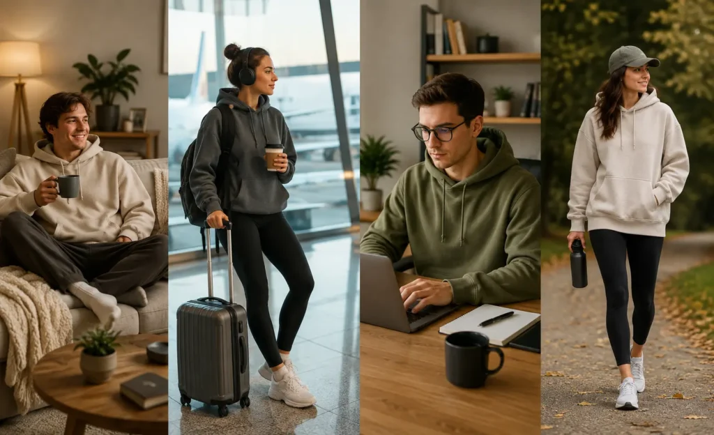 People wearing comfortable hoodies while relaxing at home, traveling, working remotely, and enjoying outdoor activities.