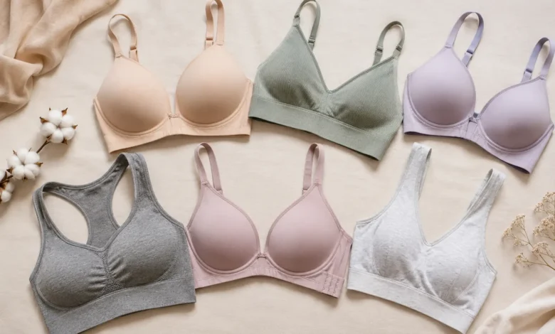 Collection of comfortable bras and bralettes arranged on a soft beige background