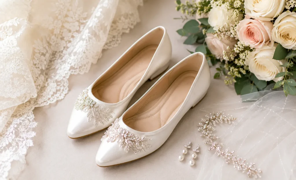 Elegant ivory satin bridal flats with pearl embellishments arranged beside lace fabric, wedding bouquet, and bridal accessories.