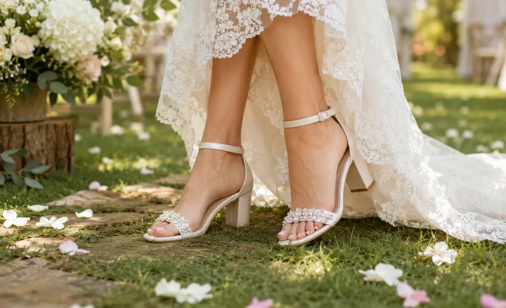Bride wearing comfortable block heel bridal sandals while standing on a garden pathway during an outdoor wedding ceremony.