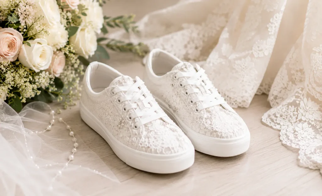 White lace bridal sneakers displayed with a wedding dress, veil, and floral bouquet for a stylish modern bridal look.
