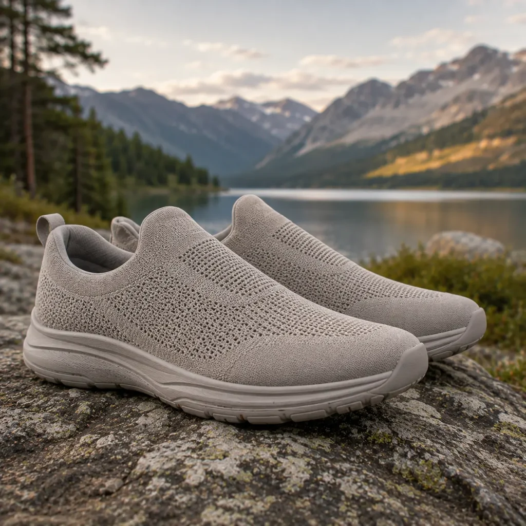 Comforto Max comfortable recovery shoes beside a scenic mountain lake