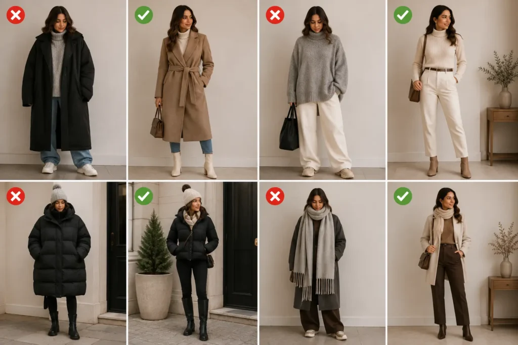 Winter fashion mistakes for petite women compared with flattering outfit choices using proper coat fit and layering