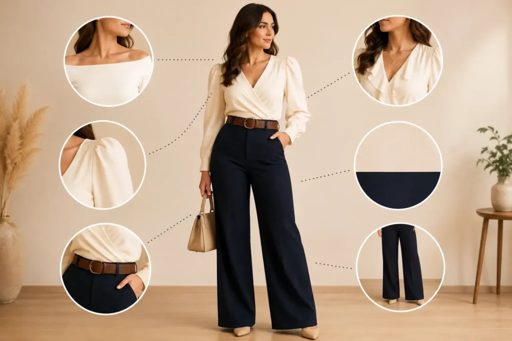 Pear shaped woman wearing a balanced outfit with a wrap blouse, wide-leg trousers, and a defined waist for a flattering silhouette.