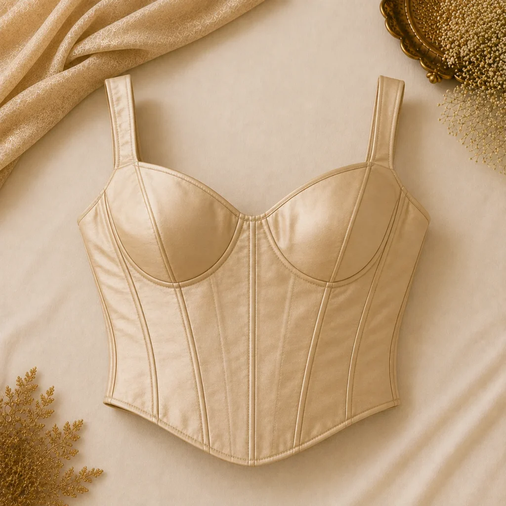 Champagne corset-style blouse with sweetheart neckline and structured boning details