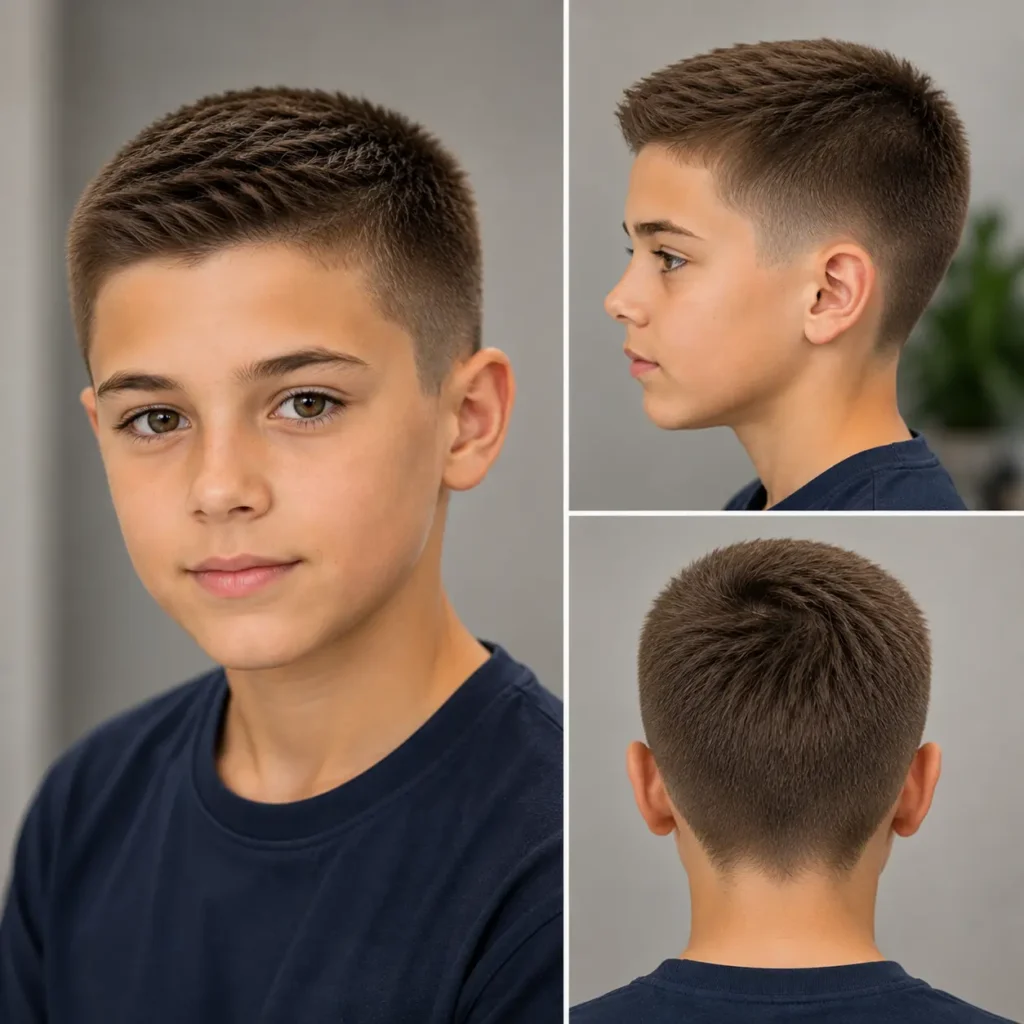 Short crew cut hairstyle with tapered sides and textured top