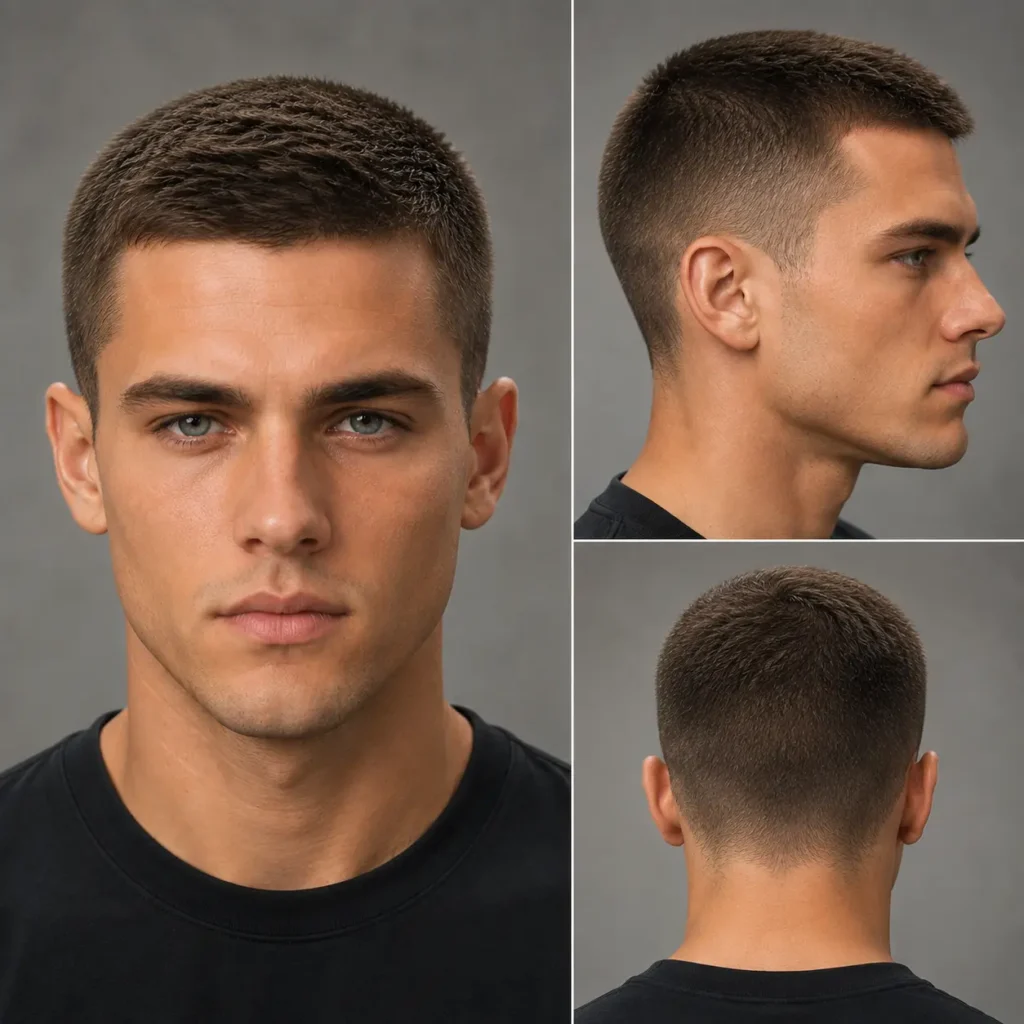 Classic crew cut with short textured top and tapered sides for men